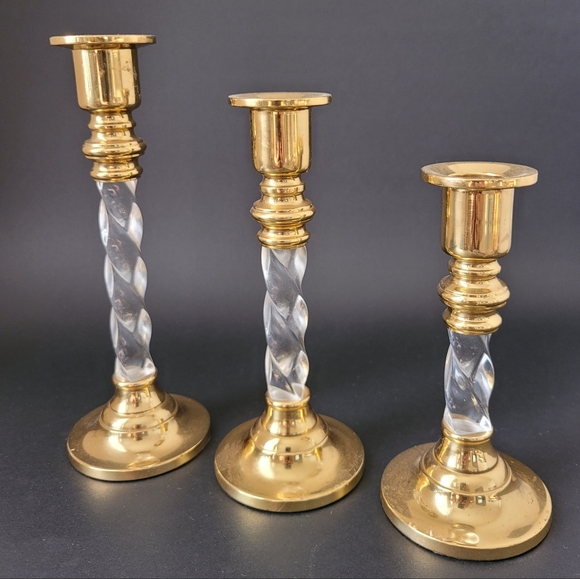 Vintage Brass and Clear Lucite Candle Holders-set of 3 pieces - Picture 2 of 10